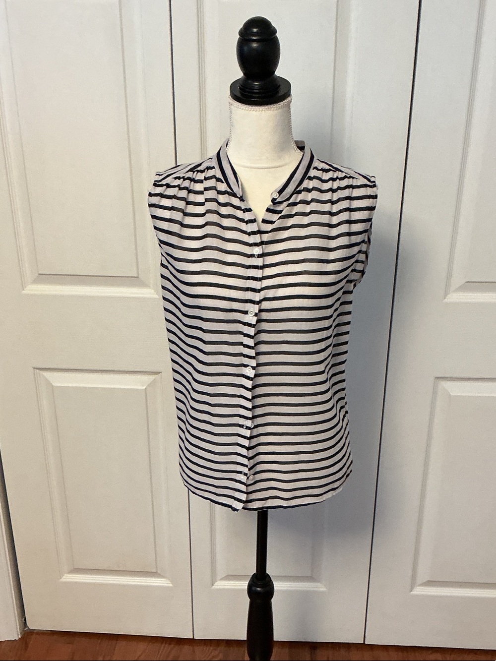 J. Crew Sleeveless White Top with Navy Stripes